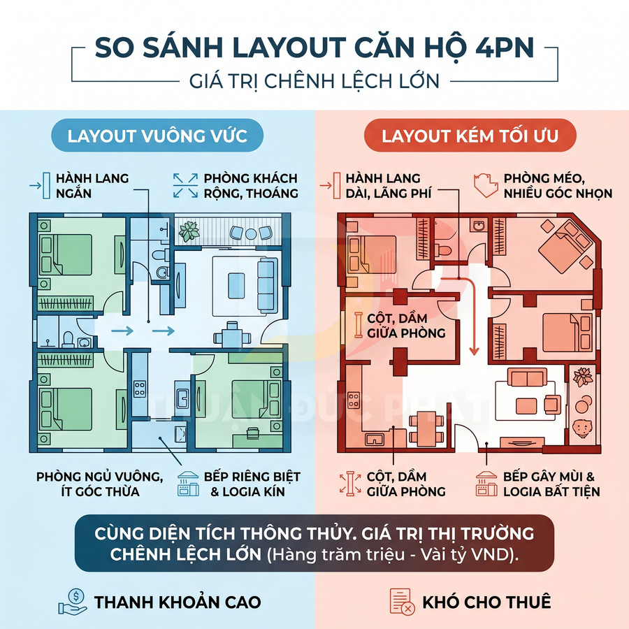 So sánh layout căn hộ vuông vức tối ưu diện tích với layout méo kém tối ưu, ảnh hưởng giá trị và khả năng cho thuê