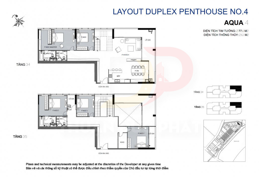 Mặt bằng chi tiết căn hộ duplex penthouse Aqua 4 hai tầng với phòng ngủ, phòng khách và bếp