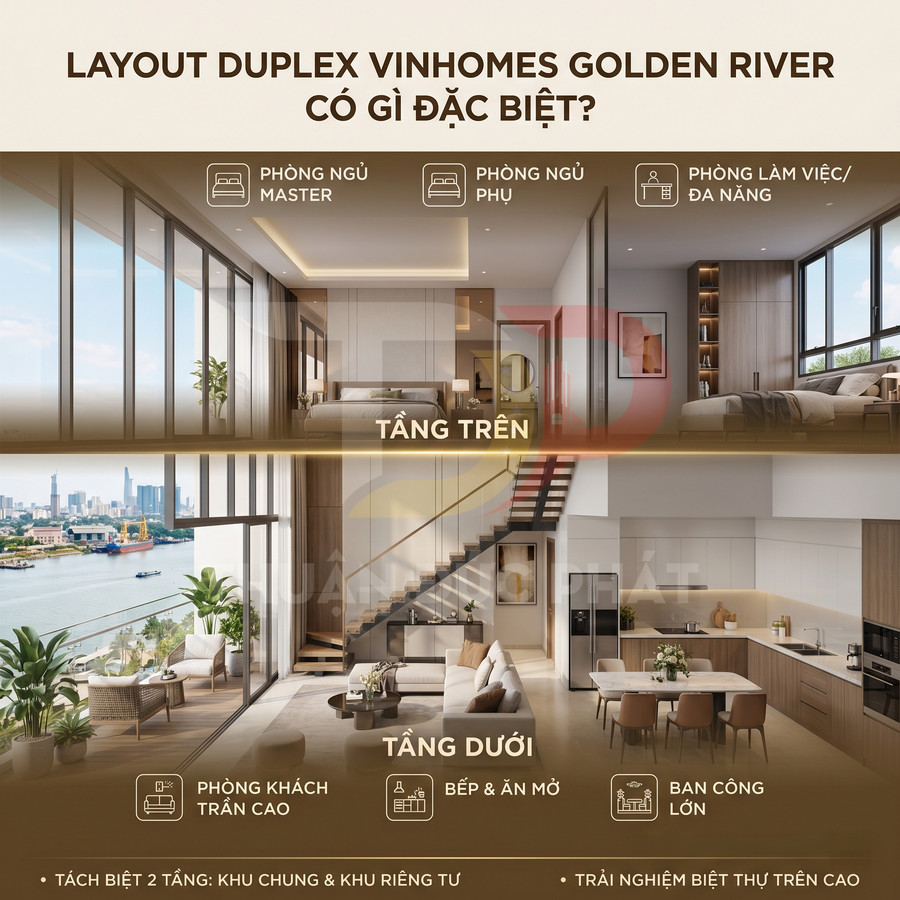 Căn hộ duplex Vinhomes Golden River hai tầng hiện đại với phòng khách trần cao, bếp mở và ban công view sông