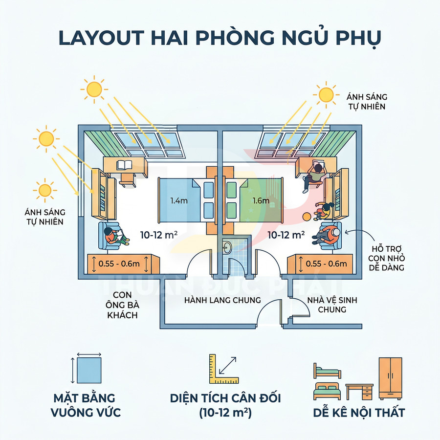 Bản vẽ layout hai phòng ngủ phụ 10 đến 12m2 với giường tủ bàn học và cửa sổ đón ánh sáng tự nhiên