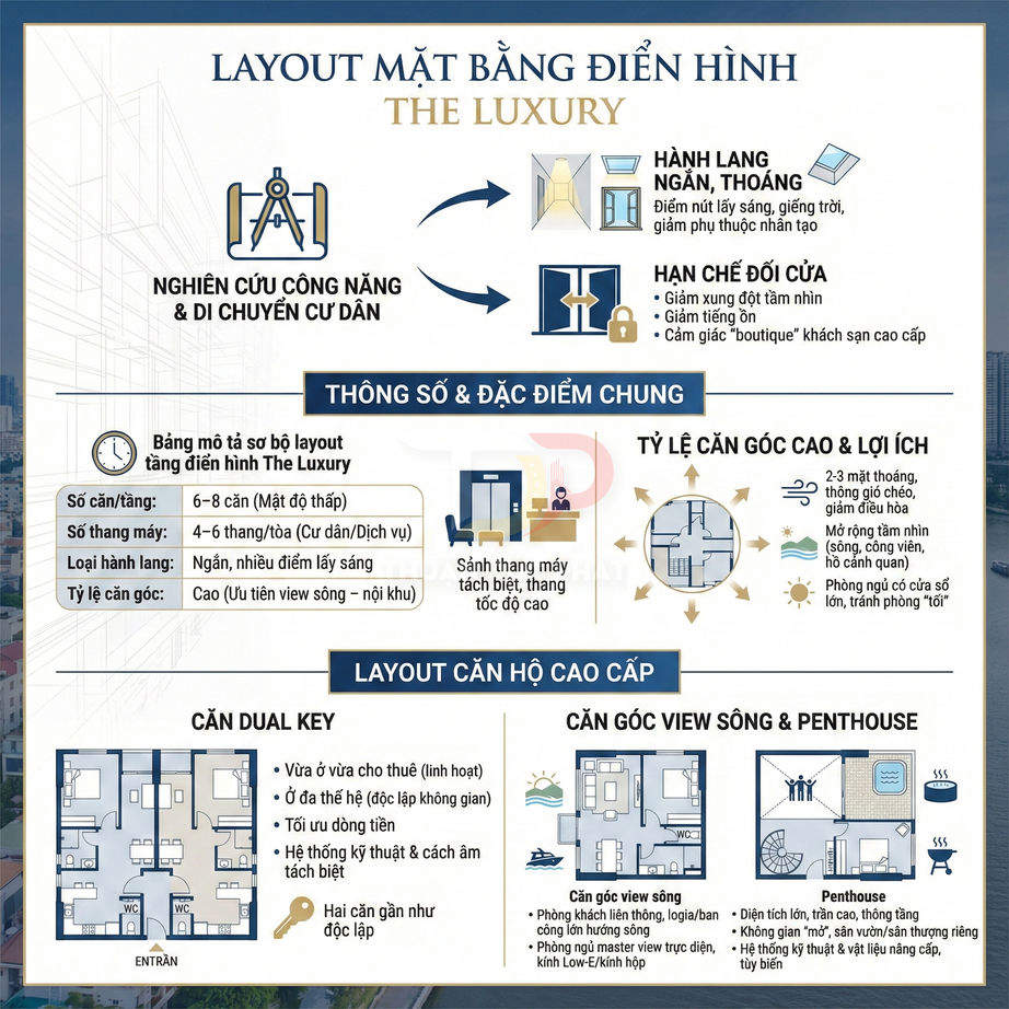 Infographic layout mặt bằng điển hình căn hộ cao cấp The Luxury với sơ đồ hành lang và thiết kế căn hộ dual key, penthouse