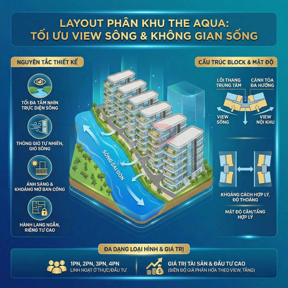 Layout phân khu căn hộ The Aqua ven sông Sài Gòn tối ưu view sông và không gian sống hiện đại