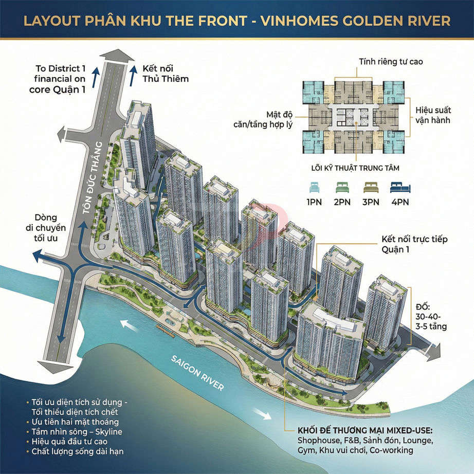 Layout phân khu The Front dự án Vinhomes Golden River bên sông Sài Gòn, các tòa tháp căn hộ cao tầng