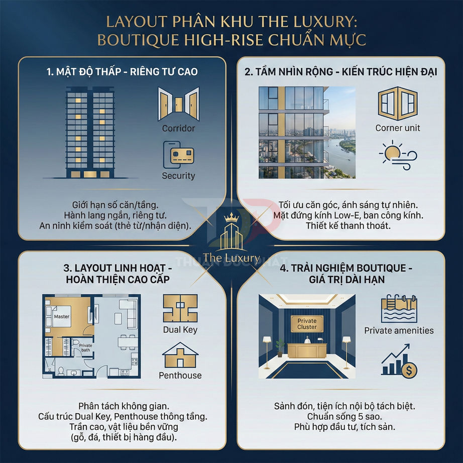 Infographic giới thiệu layout phân khu The Luxury với mật độ thấp, tầm nhìn rộng, căn hộ dual key và tiện ích boutique cao cấp