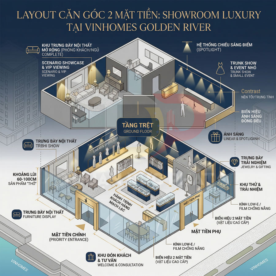 Layout showroom luxury căn góc 2 mặt tiền tại Vinhomes Golden River với các khu trưng bày nội thất và trải nghiệm
