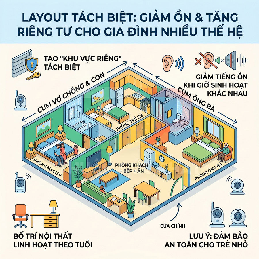 Mặt bằng căn hộ nhiều thế hệ với phòng ngủ, phòng khách và bếp tách biệt giảm ồn tăng riêng tư