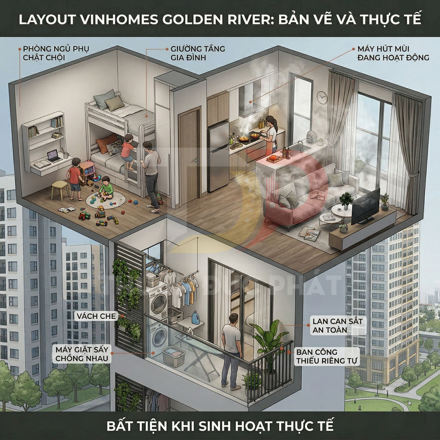 Mô phỏng căn hộ Vinhomes Golden River với phòng ngủ chật, bếp, phòng khách và ban công giặt phơi thiếu riêng tư