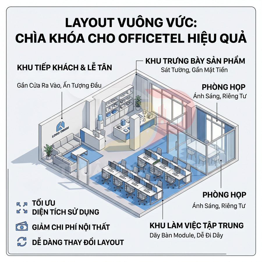 Mô hình bố trí officetel vuông vức với khu lễ tân, trưng bày sản phẩm, phòng họp và khu làm việc tập trung