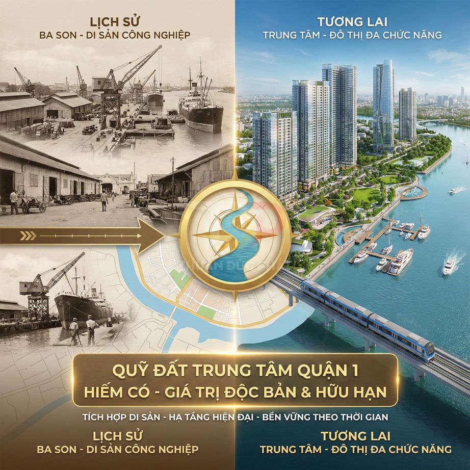 Thiết kế quảng cáo dự án bất động sản Ba Son Quận 1, so sánh di sản lịch sử và khu đô thị cao cấp ven sông