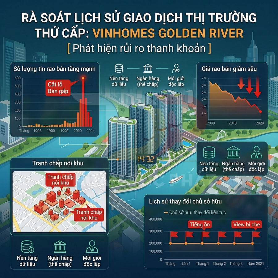 Infographic phân tích rủi ro thanh khoản và tranh chấp nội khu dự án căn hộ Vinhomes Golden River