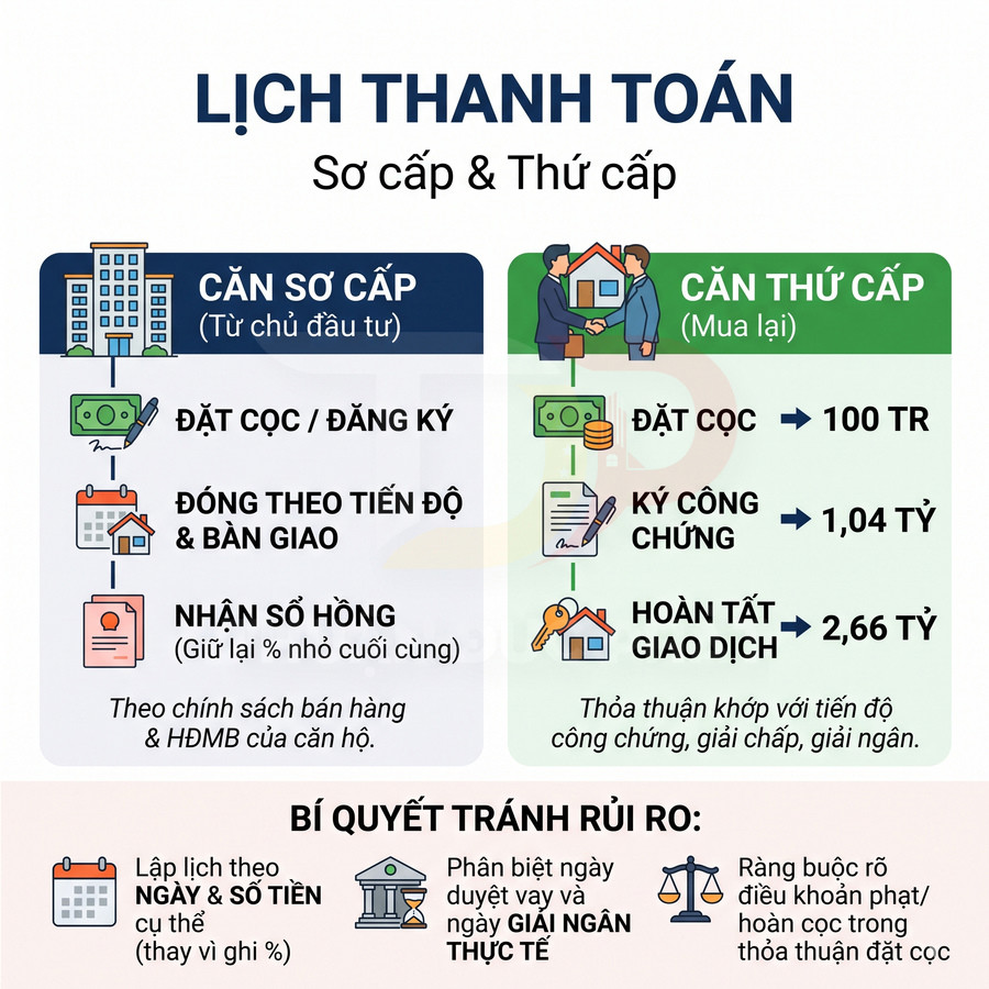 Lịch thanh toán căn hộ sơ cấp và thứ cấp, từ đặt cọc đến công chứng, kèm bí quyết tránh rủi ro giao dịch