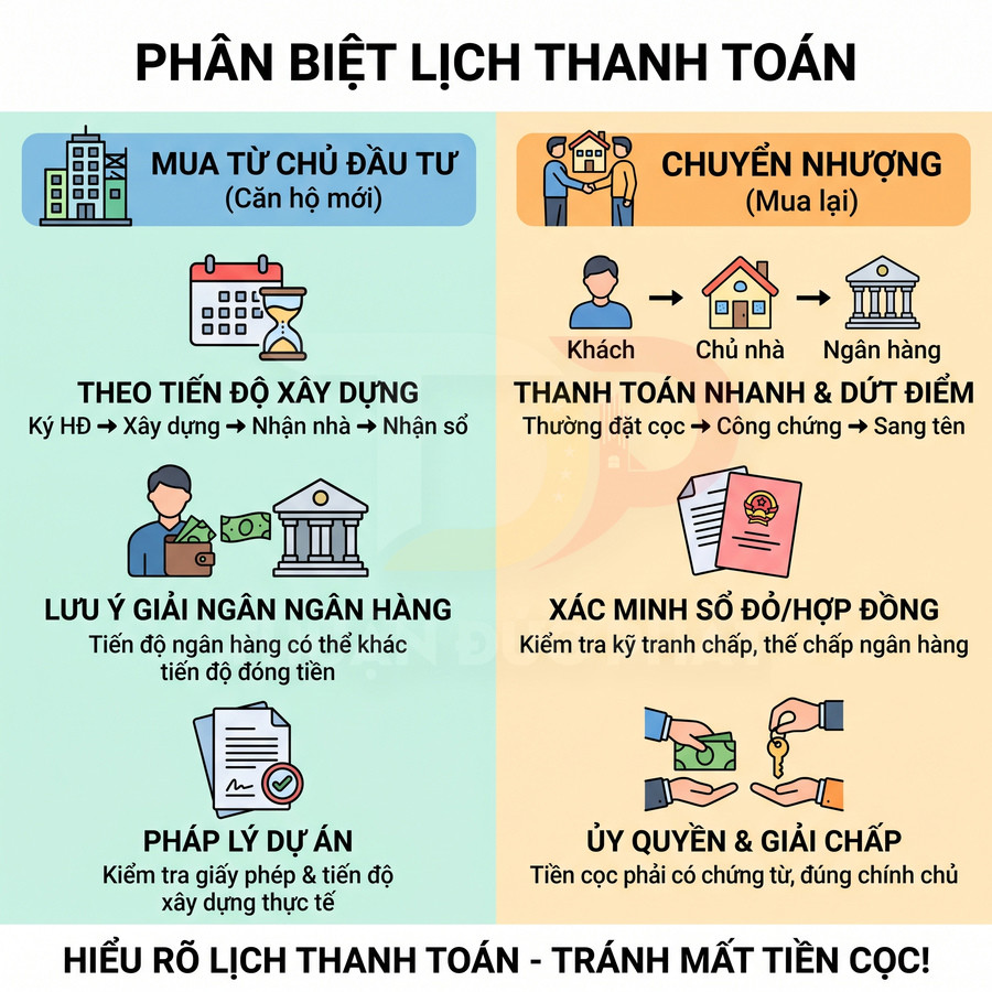 Phân biệt lịch thanh toán khi mua căn hộ mới từ chủ đầu tư và mua nhà chuyển nhượng sang tên sổ đỏ