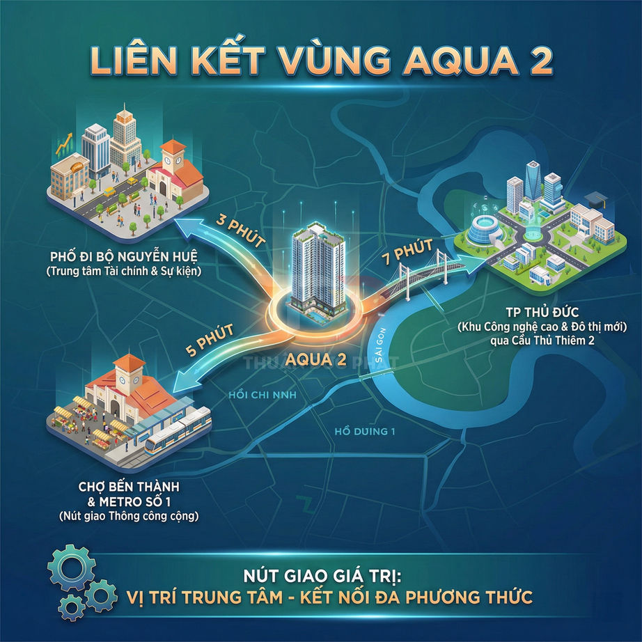 Sơ đồ kết nối giao thông dự án căn hộ Aqua 2 gần phố đi bộ Nguyễn Huệ, chợ Bến Thành và TP Thủ Đức