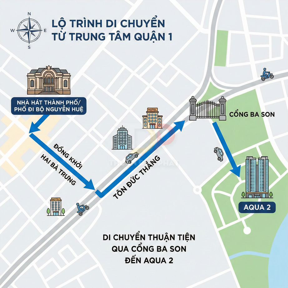 Bản đồ lộ trình di chuyển từ trung tâm Quận 1 qua cổng Ba Son đến chung cư Aqua 2