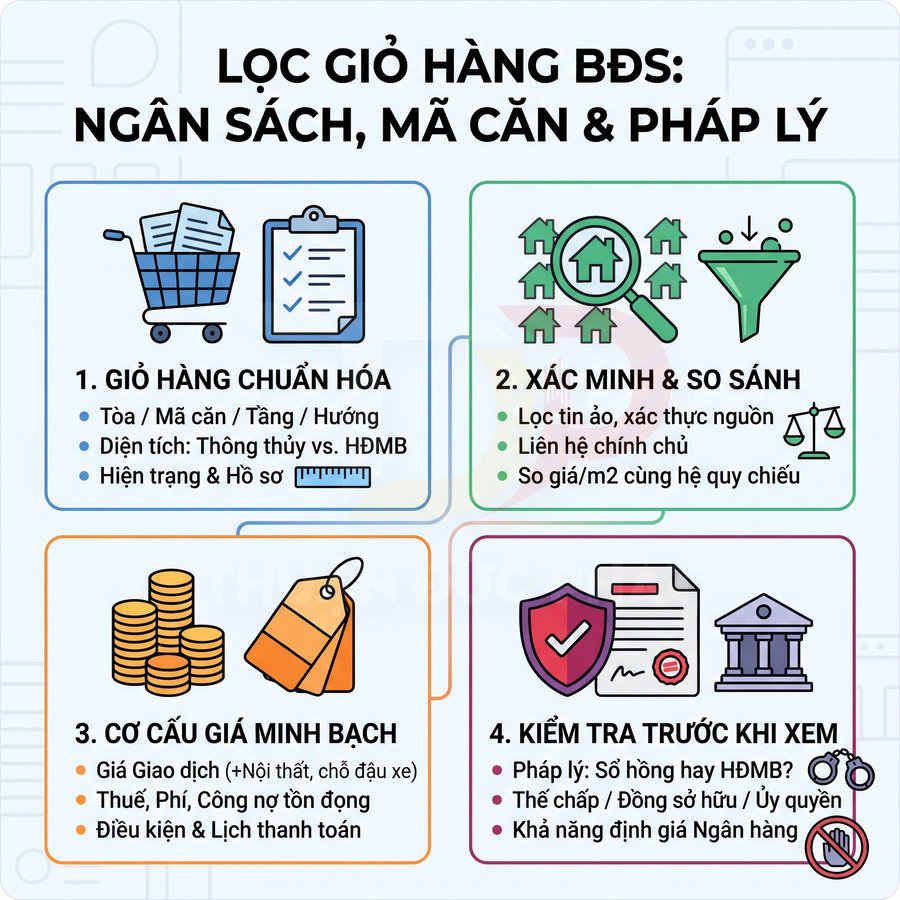 Các bước lọc giỏ hàng bất động sản theo ngân sách, thông tin căn, giá minh bạch và pháp lý trước khi xem nhà