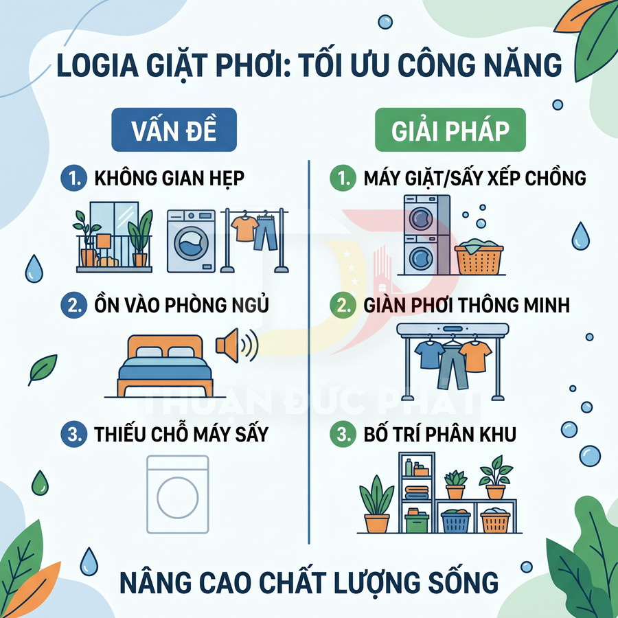 Infographic giải pháp tối ưu logia giặt phơi với máy giặt sấy xếp chồng và giàn phơi thông minh