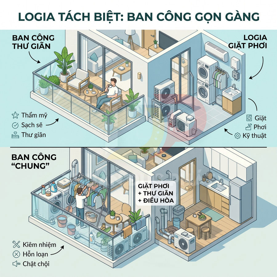 Minh họa căn hộ với logia tách biệt cho giặt phơi và ban công thư giãn gọn gàng so với ban công chung lộn xộn