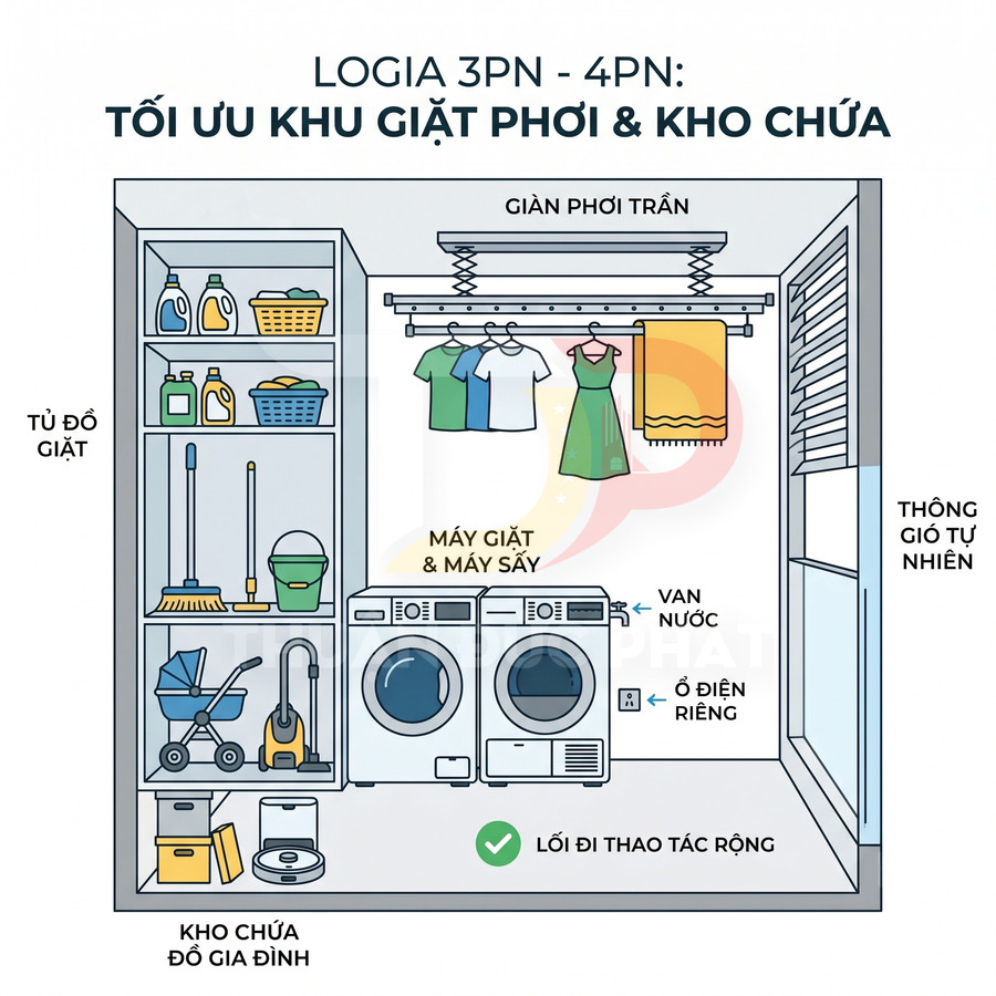 Khu logia tối ưu với máy giặt, máy sấy, giàn phơi trần và tủ chứa đồ gia đình gọn gàng