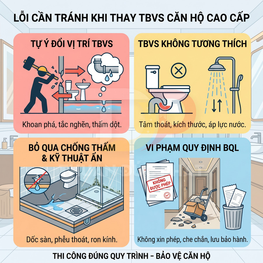 Minh họa các lỗi cần tránh khi thay thiết bị vệ sinh căn hộ cao cấp như sai vị trí, không tương thích, bỏ qua chống thấm