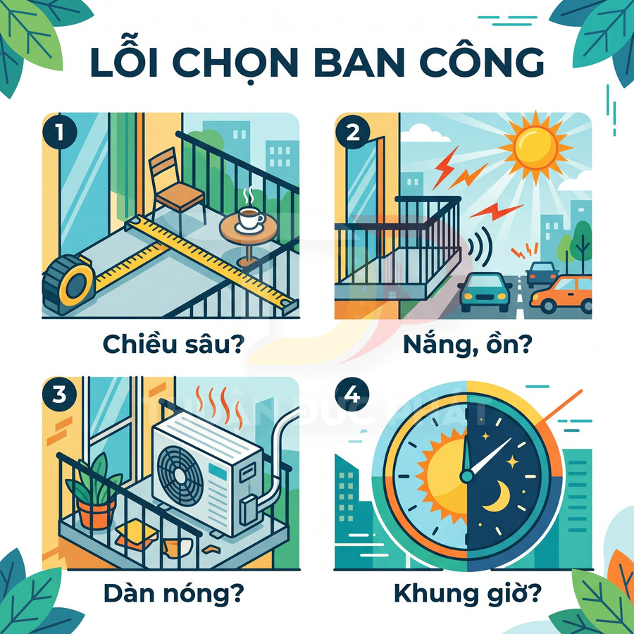 Minh họa các lỗi thường gặp khi chọn ban công chung cư như chiều sâu, nắng ồn, dàn nóng điều hòa và khung giờ sử dụng