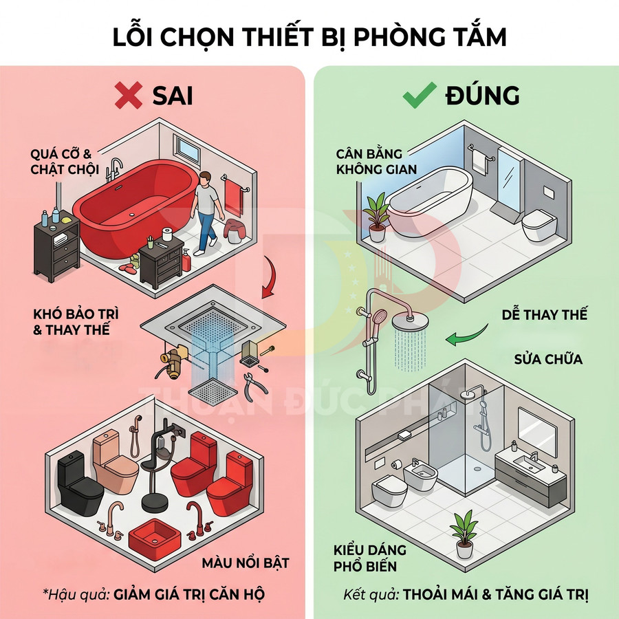 Minh họa so sánh thiết bị phòng tắm sai và đúng, nhấn mạnh bồn tắm, vòi sen, bồn cầu và chậu rửa hiện đại