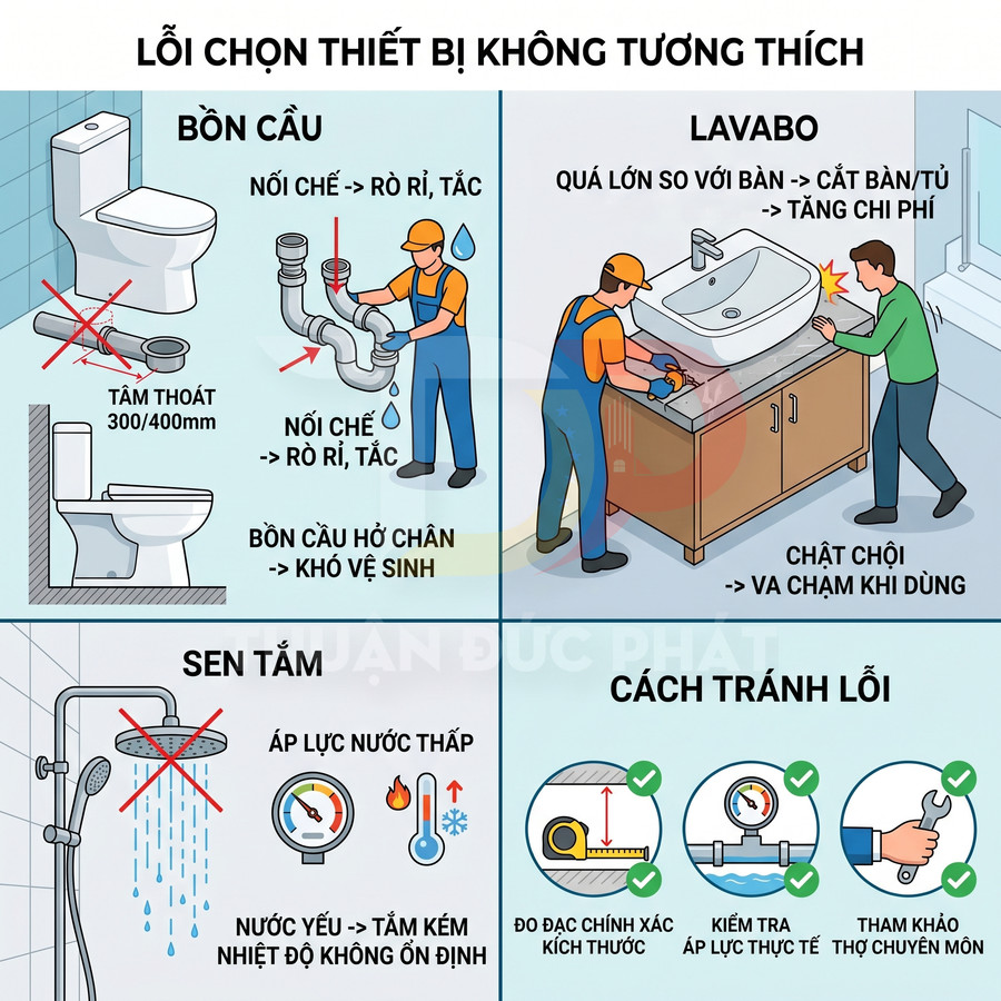 Minh họa lỗi chọn bồn cầu, lavabo, sen tắm không tương thích và cách đo đạc, kiểm tra áp lực nước trước khi lắp đặt