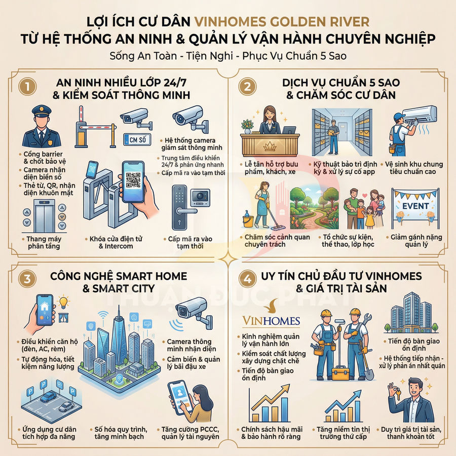 Infographic lợi ích cư dân Vinhomes Golden River về an ninh, dịch vụ 5 sao, smart home và giá trị bất động sản