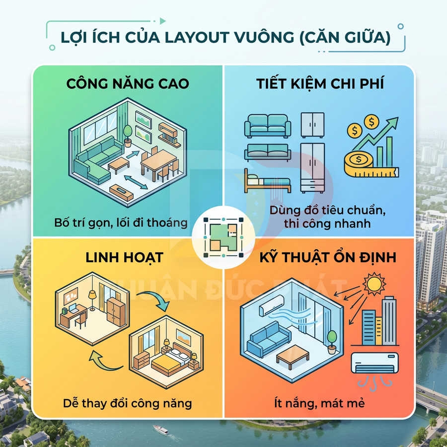 Infographic lợi ích layout căn hộ vuông: công năng cao, tiết kiệm chi phí, linh hoạt công năng, kỹ thuật ổn định