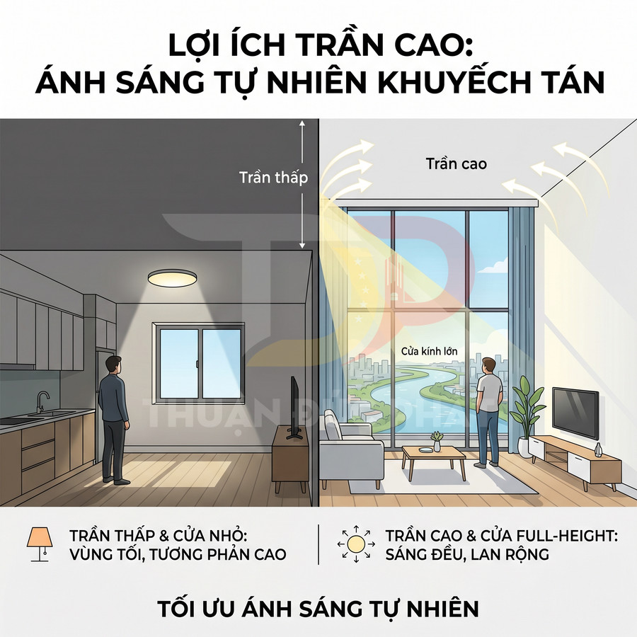Minh họa so sánh phòng trần thấp cửa nhỏ và phòng trần cao cửa kính lớn tối ưu ánh sáng tự nhiên