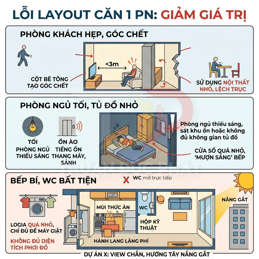 Minh họa các lỗi bố trí căn hộ 1 phòng ngủ như phòng khách hẹp, phòng ngủ tối, bếp bí và WC bất tiện