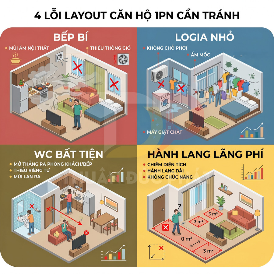Infographic minh họa 4 lỗi bố trí căn hộ 1 phòng ngủ cần tránh với bếp bí, logia nhỏ, WC bất tiện và hành lang lãng phí
