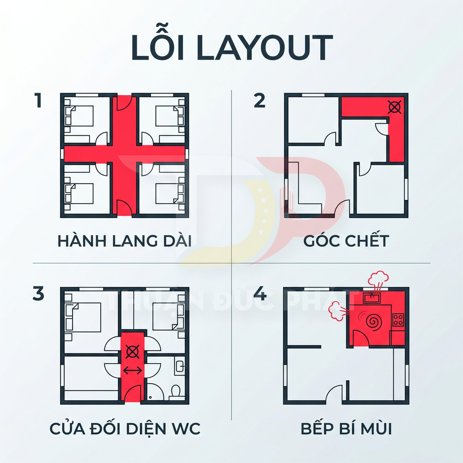 Minh họa các lỗi layout căn hộ chung cư như hành lang dài, góc chết, cửa đối diện WC và bếp bí mùi