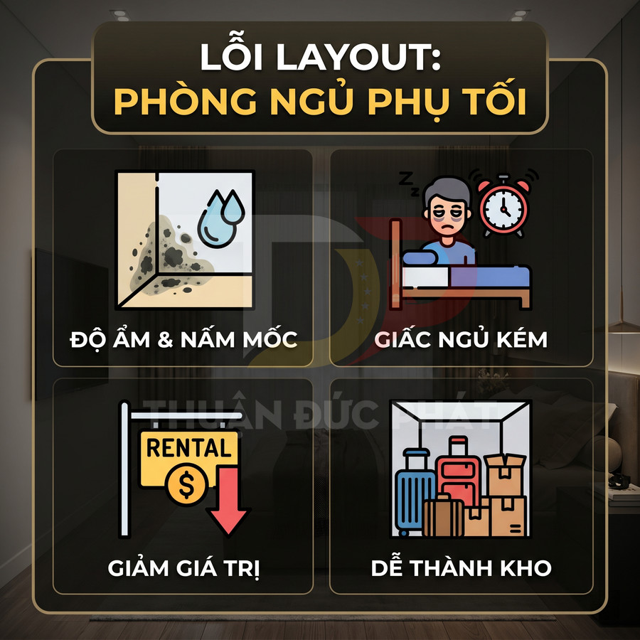 Infographic lỗi layout phòng ngủ phụ tối với các vấn đề ẩm mốc, giấc ngủ kém, giảm giá trị và dễ thành kho chứa