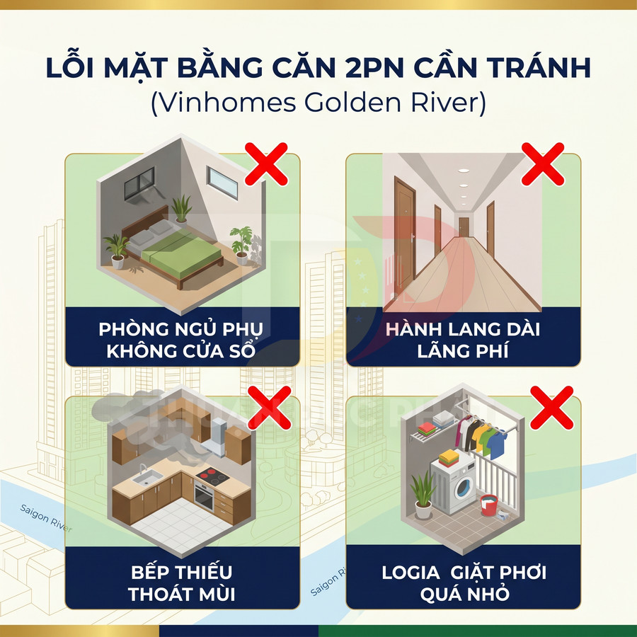 Infographic lỗi mặt bằng căn hộ 2 phòng ngủ Vinhomes Golden River cần tránh như phòng tối, bếp bí, logia nhỏ