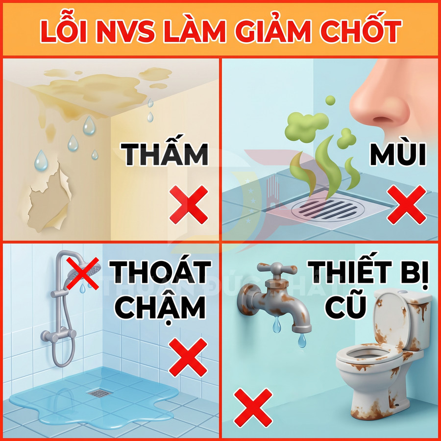Các lỗi nhà vệ sinh thường gặp như thấm tường, mùi hôi cống, thoát nước chậm và thiết bị cũ xuống cấp