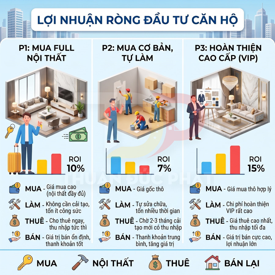 So sánh lợi nhuận đầu tư căn hộ theo 3 phương án hoàn thiện nội thất với ROI 7 đến 15 phần trăm