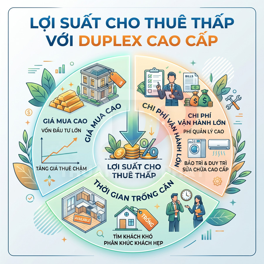 Infographic phân tích lý do lợi suất cho thuê thấp khi đầu tư căn hộ duplex cao cấp