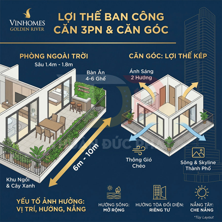 Ban công căn hộ 3 phòng ngủ Vinhomes Golden River rộng 6 đến 10m với khu ngồi, bàn ăn và cây xanh