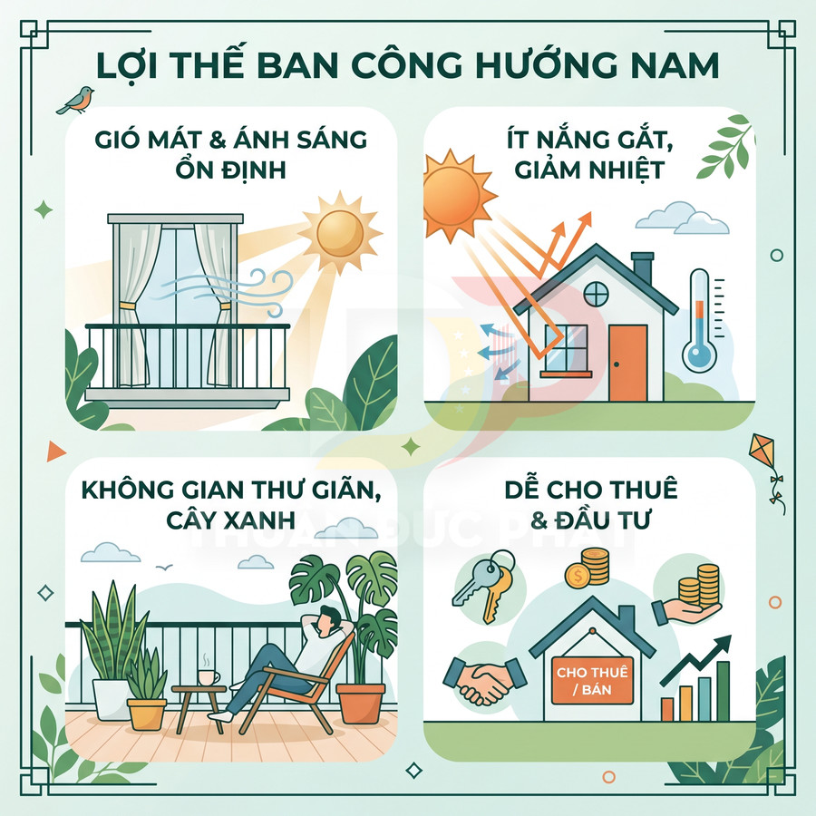 Infographic lợi thế ban công hướng Nam: gió mát, ít nắng gắt, không gian thư giãn và dễ cho thuê đầu tư