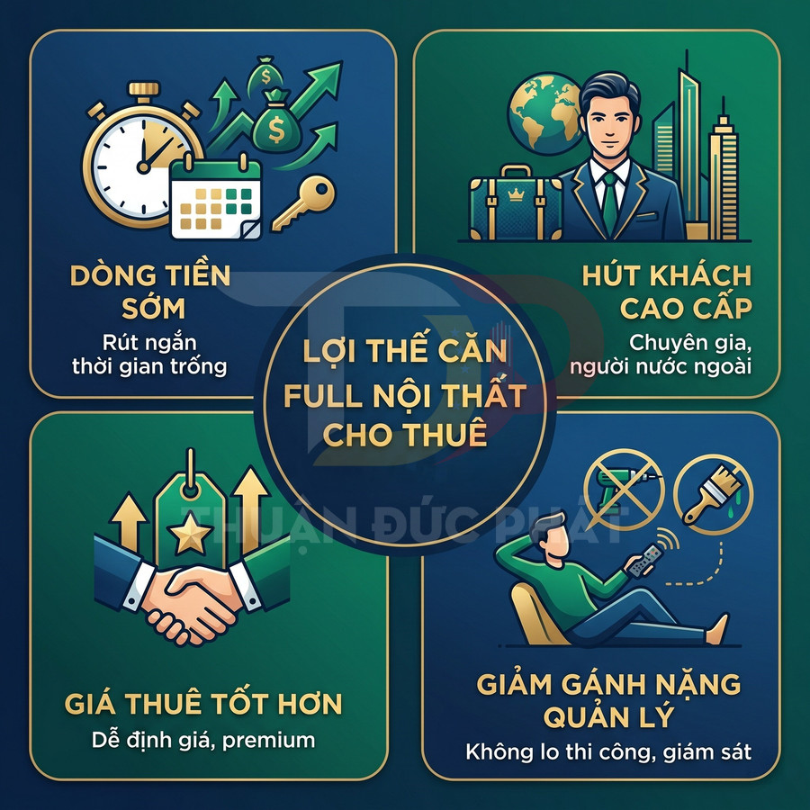 Infographic lợi thế căn hộ full nội thất cho thuê với các biểu tượng dòng tiền sớm, hút khách cao cấp, giá thuê tốt, giảm gánh nặng quản lý