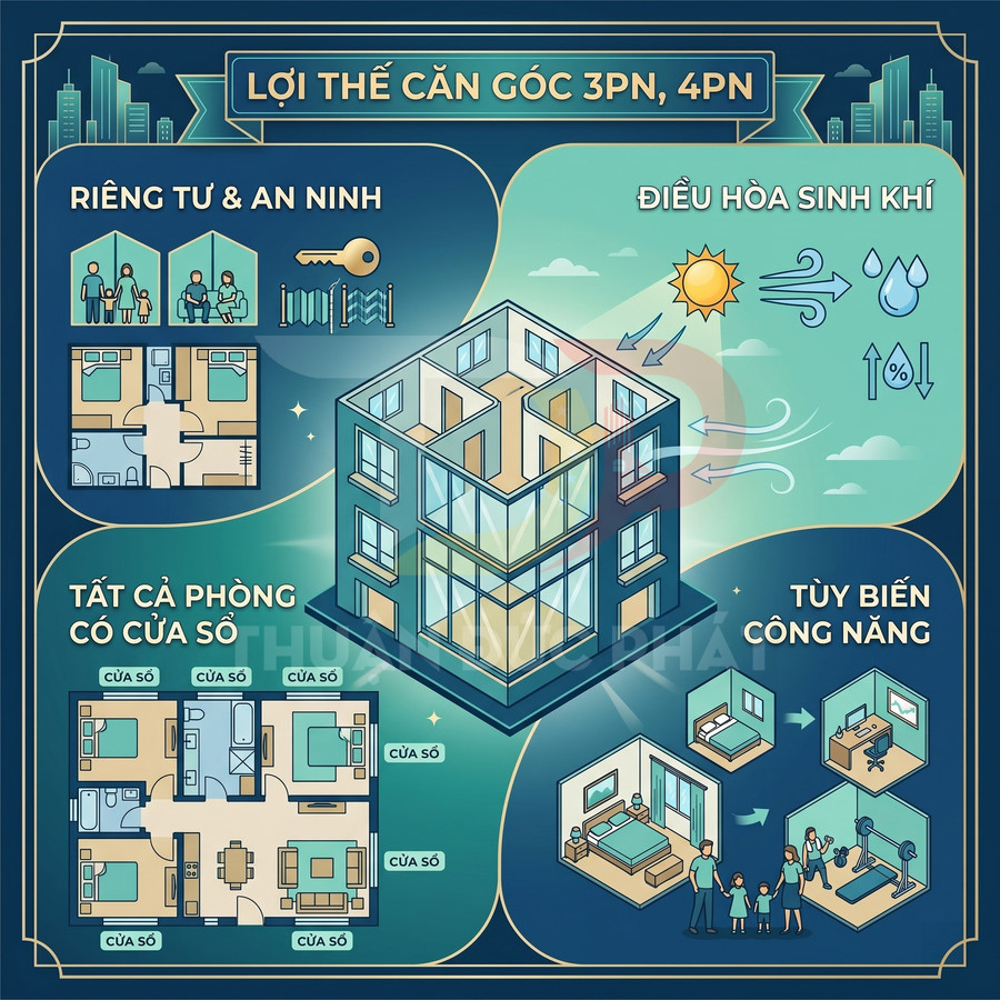 Infographic lợi thế căn hộ góc 3 phòng ngủ 4 phòng ngủ với nhiều cửa sổ, riêng tư, thông thoáng và dễ tùy biến công năng