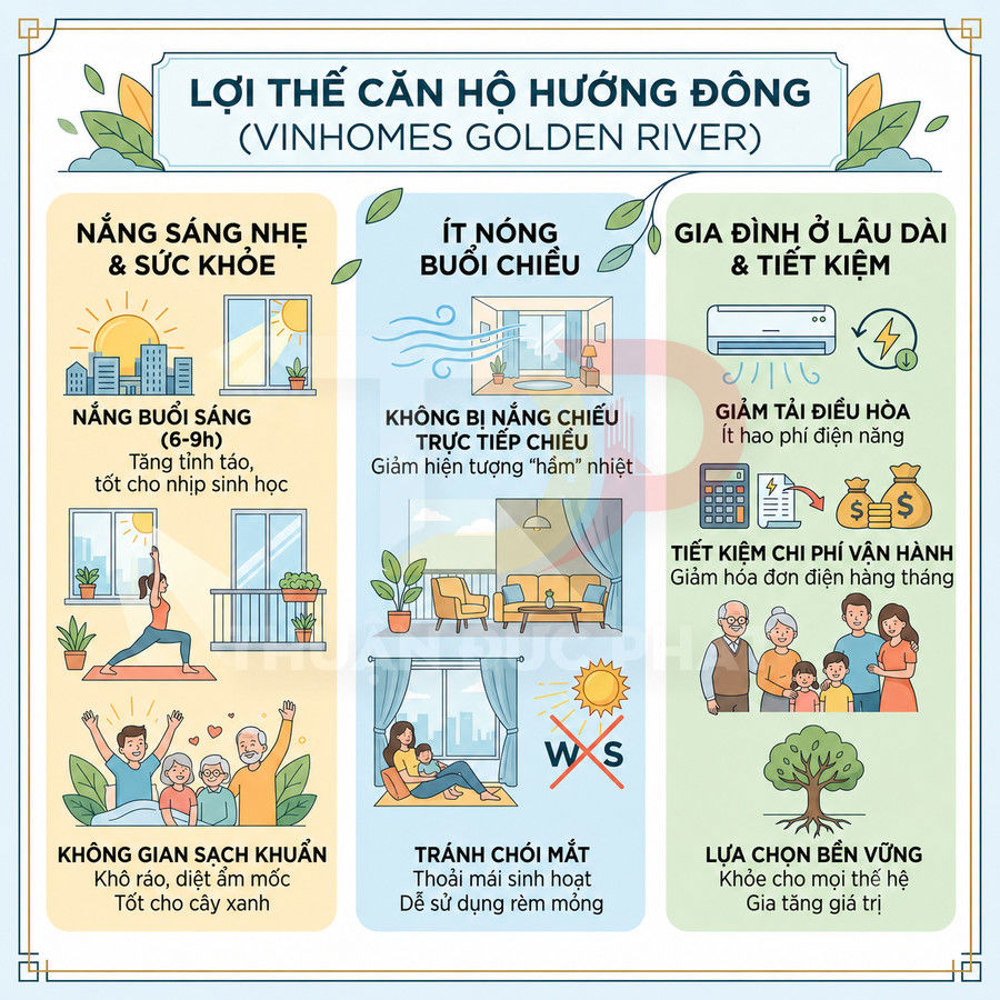 Infographic lợi thế căn hộ hướng Đông Vinhomes Golden River về nắng sáng, ít nóng, tiết kiệm điện và không gian sống khỏe