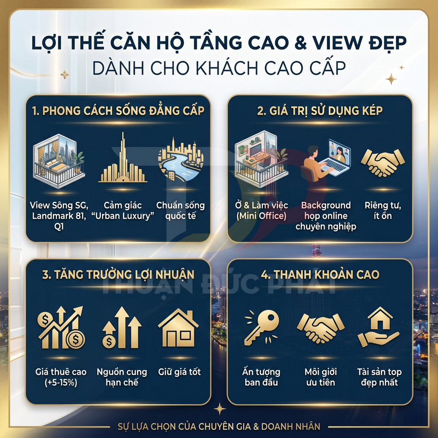 Infographic lợi thế căn hộ tầng cao view đẹp cho khách cao cấp về phong cách sống, giá trị sử dụng, lợi nhuận và thanh khoản
