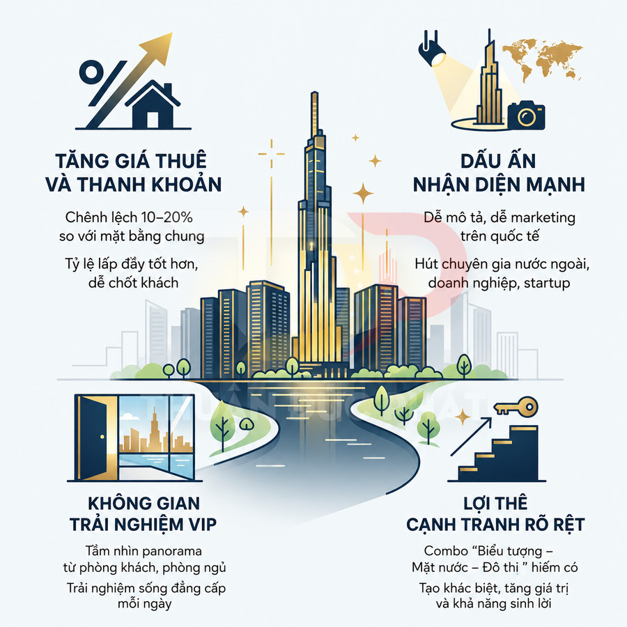 Infographic lợi ích đầu tư căn hộ cao cấp gần tòa nhà Landmark 81 với tăng giá thuê, nhận diện mạnh và không gian sống VIP