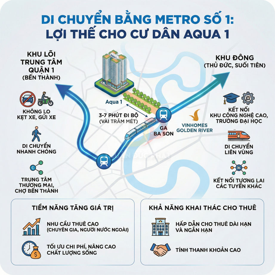 Sơ đồ lợi thế di chuyển bằng metro số 1 cho cư dân căn hộ Aqua 1 gần ga Ba Son Vinhomes Golden River