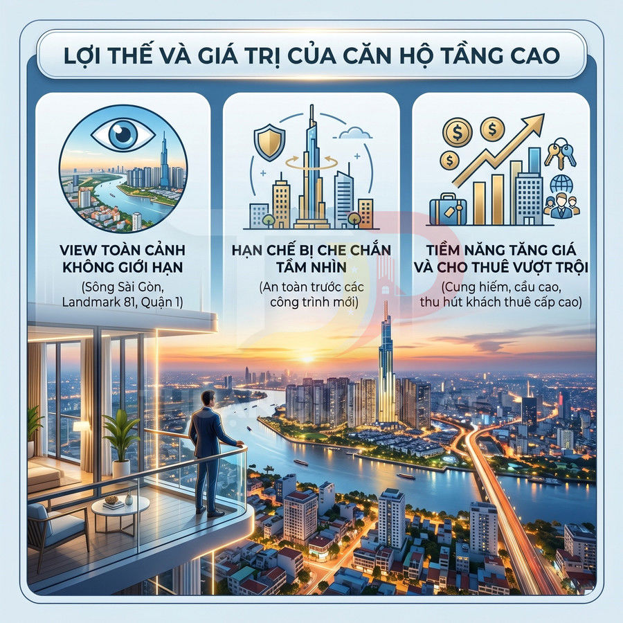 Căn hộ cao tầng view sông Sài Gòn và Landmark 81, nhấn mạnh tầm nhìn rộng, ít bị che chắn, tiềm năng tăng giá và cho thuê