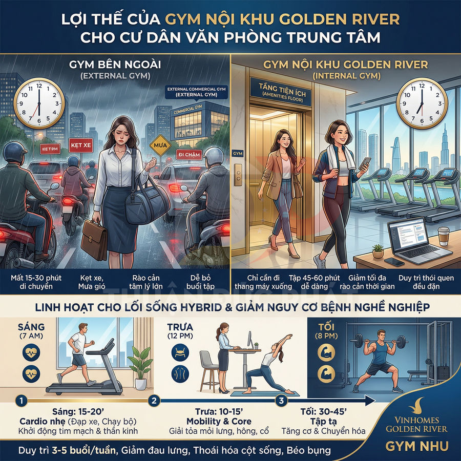 Infographic lợi ích gym nội khu Vinhomes Golden River cho dân văn phòng, so sánh với gym bên ngoài