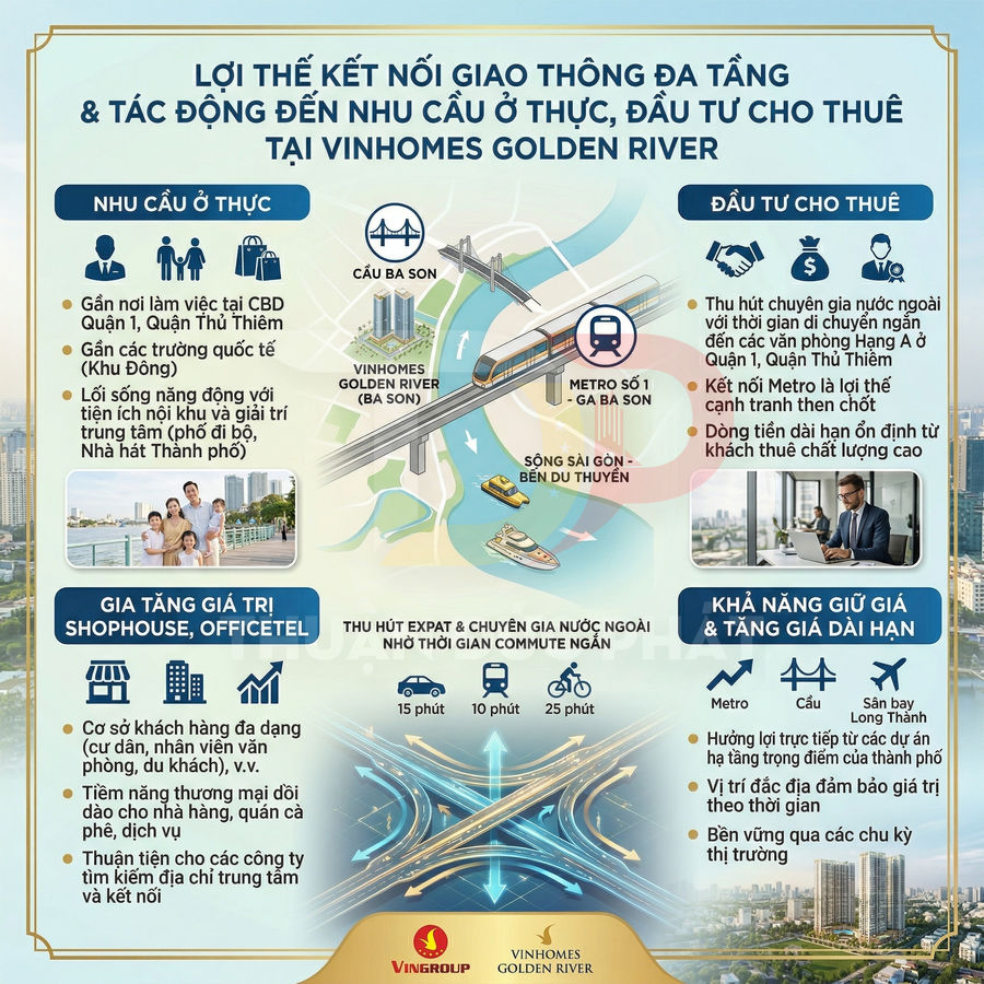 Infographic lợi thế kết nối giao thông và đầu tư cho thuê căn hộ Vinhomes Golden River Ba Son, Vingroup