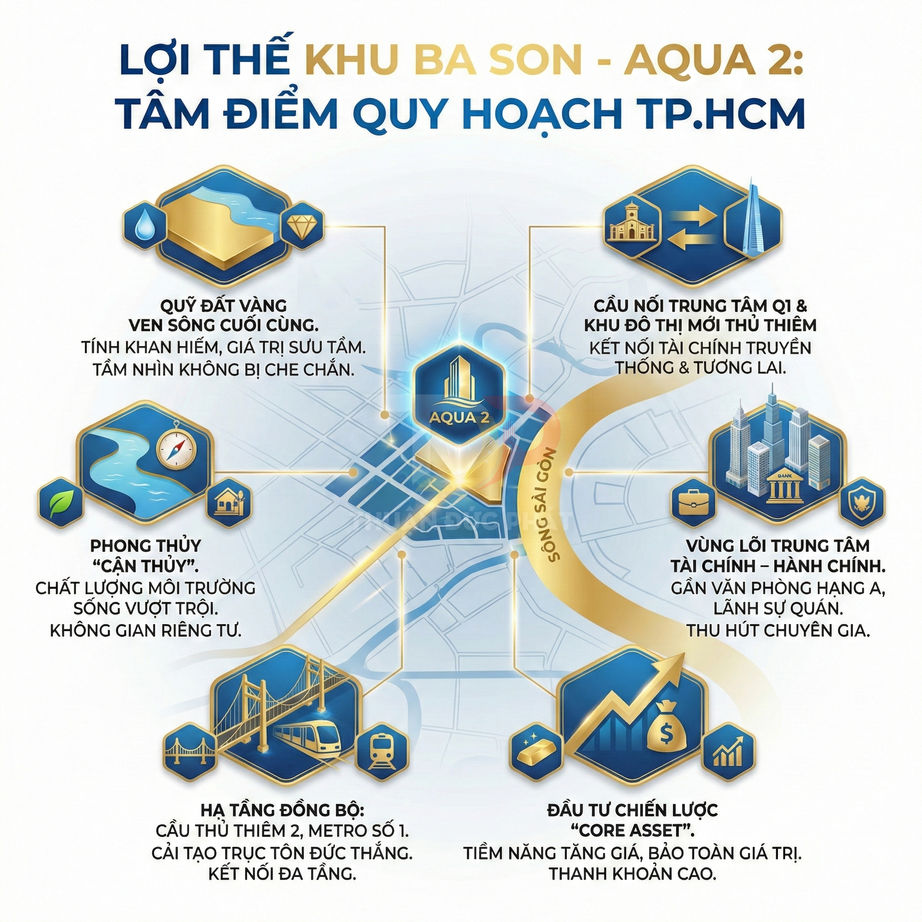 Infographic giới thiệu lợi thế vị trí dự án căn hộ Aqua 2 khu Ba Son trung tâm quy hoạch TP HCM