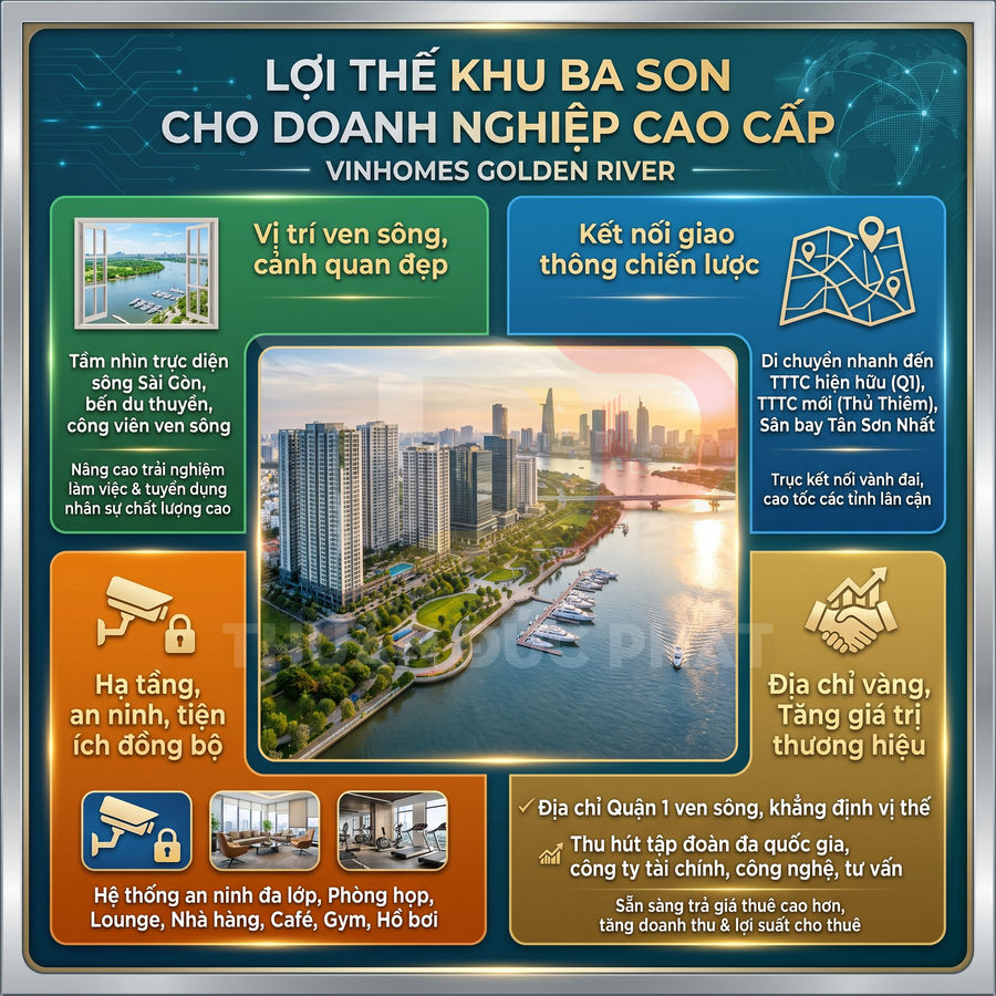 Infographic giới thiệu lợi thế khu căn hộ Vinhomes Golden River Ba Son ven sông Sài Gòn cho doanh nghiệp cao cấp